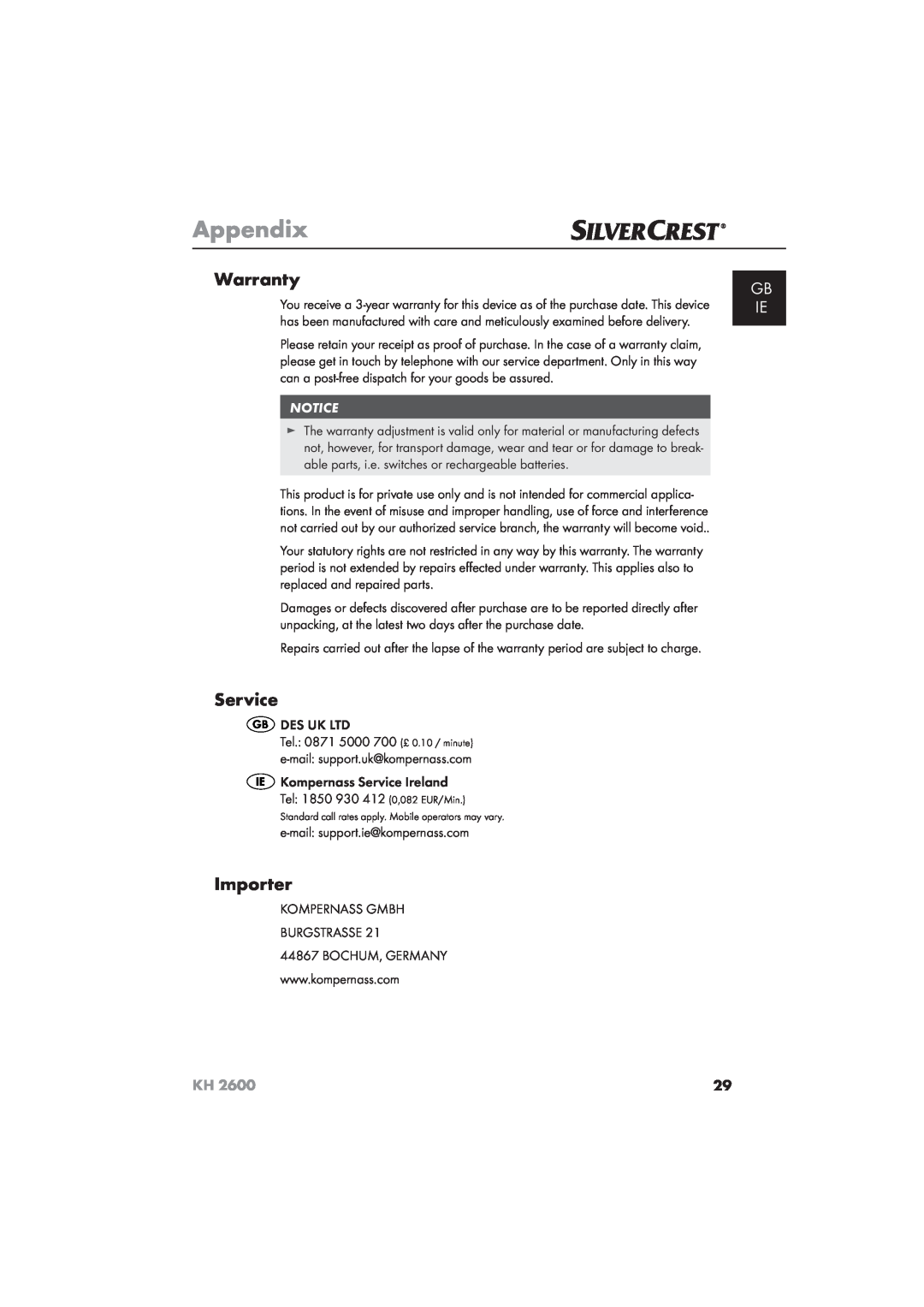 Silvercrest KH 2600 manual Warranty, Service, Importer, Appendix, Gb Ie 