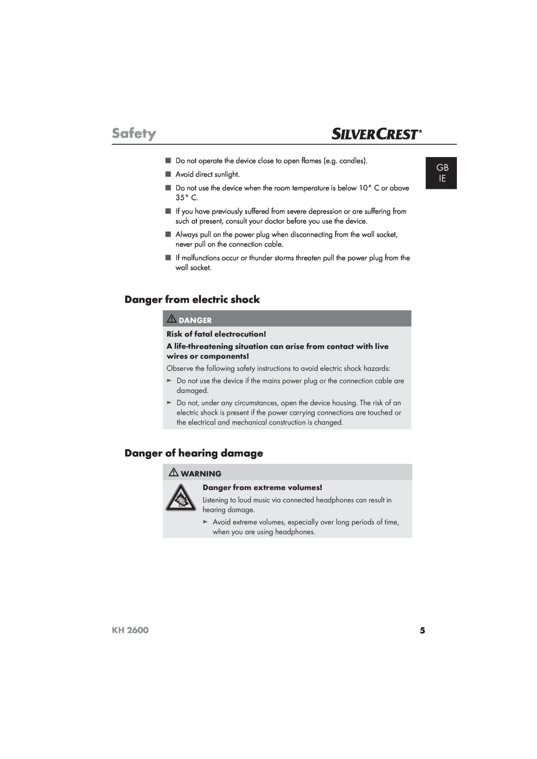Silvercrest KH 2600 manual Danger from electric shock, Danger of hearing damage, Safety, Gb Ie 