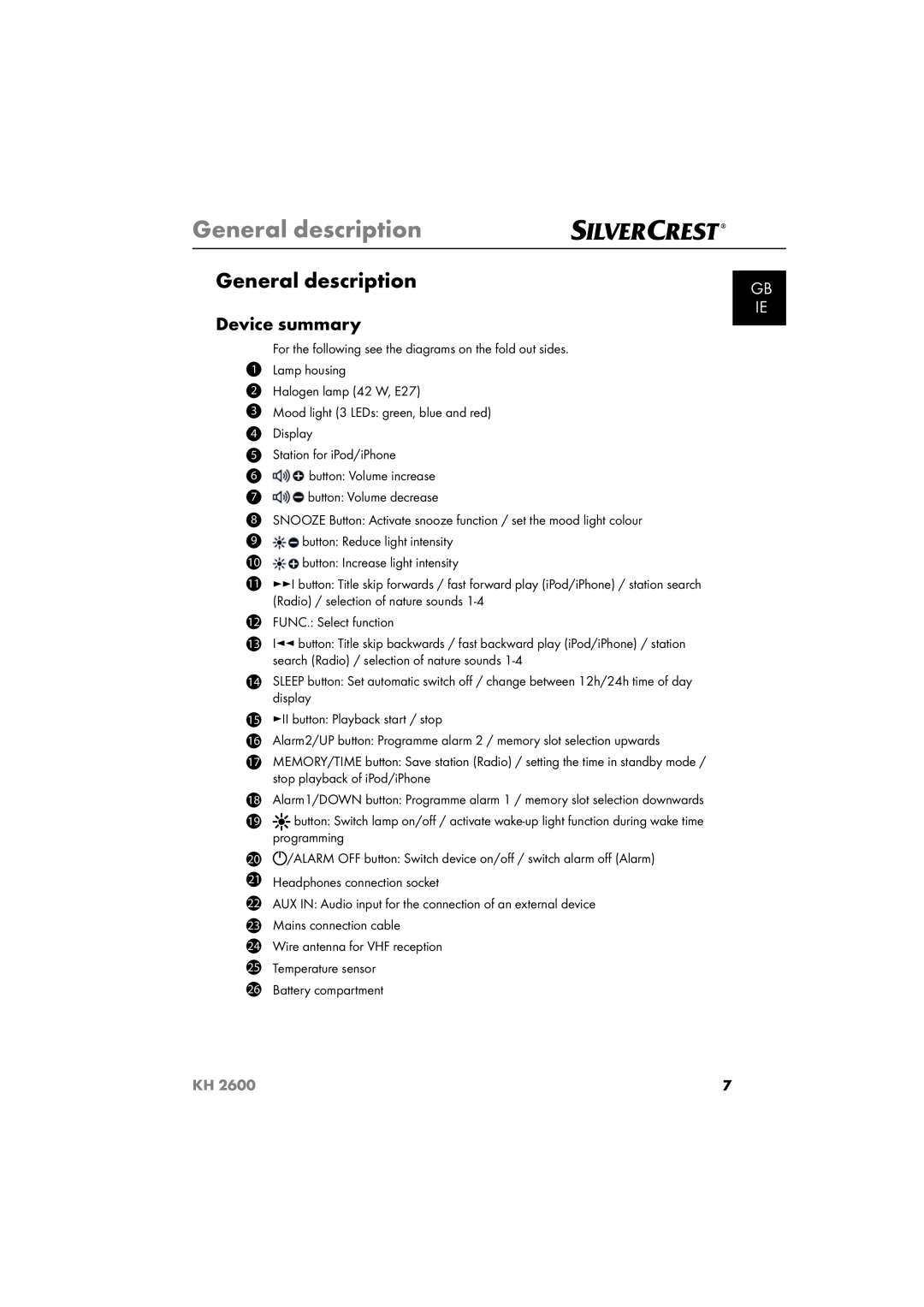 Silvercrest KH 2600 manual General description, Device summary, Gb Ie 