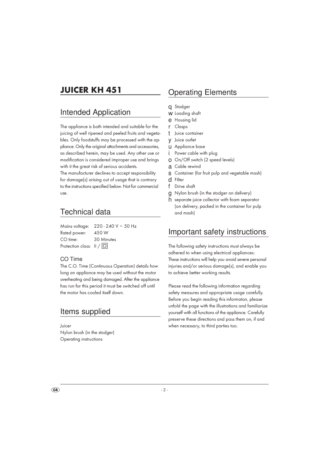 Silvercrest KH 451 Intended Application, Technical data, Items supplied, Operating Elements, Important safety instructions 