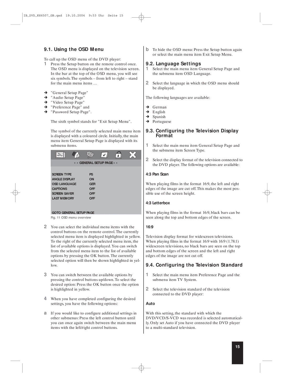 Silvercrest KH 6507 manual Using the OSD Menu, Language Settings, Configuring the Television Display Format 