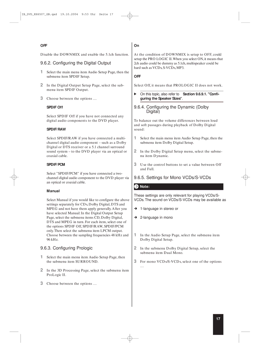 Silvercrest KH 6507 manual Configuring the Digital Output, Configuring Prologic, Configuring the Dynamic Dolby Digital 