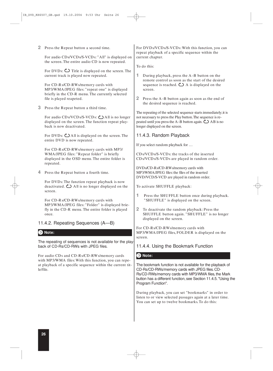 Silvercrest KH 6507 manual Repeating Sequences A-B, Random Playback, Using the Bookmark Function 