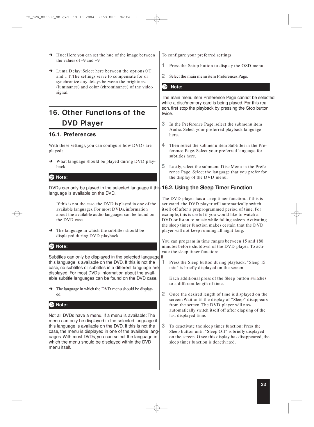 Silvercrest KH 6507 manual Other Functions of the DVD Player, Preferences, Using the Sleep Timer Function 