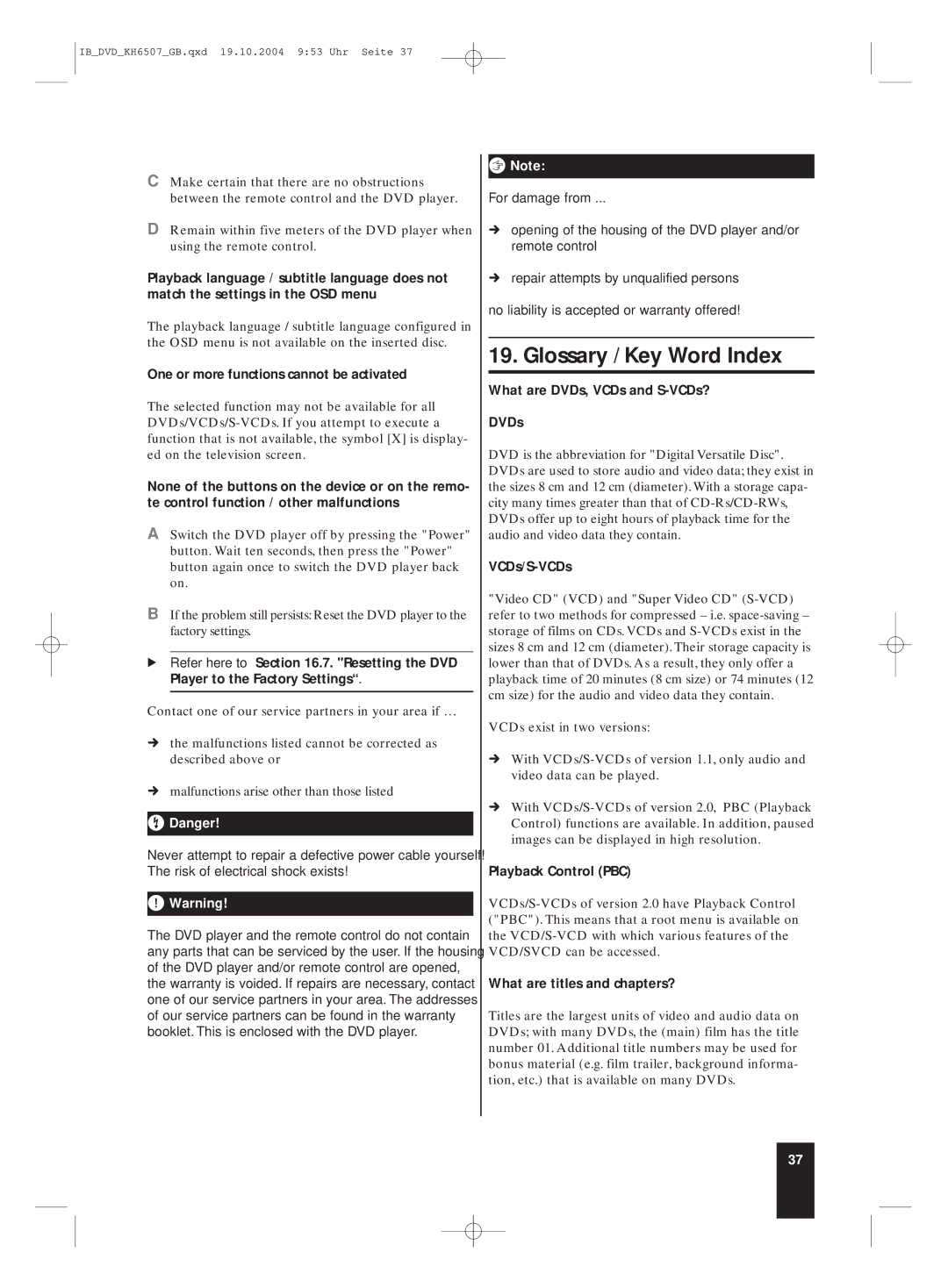 Silvercrest KH 6507 manual Glossary / Key Word Index 