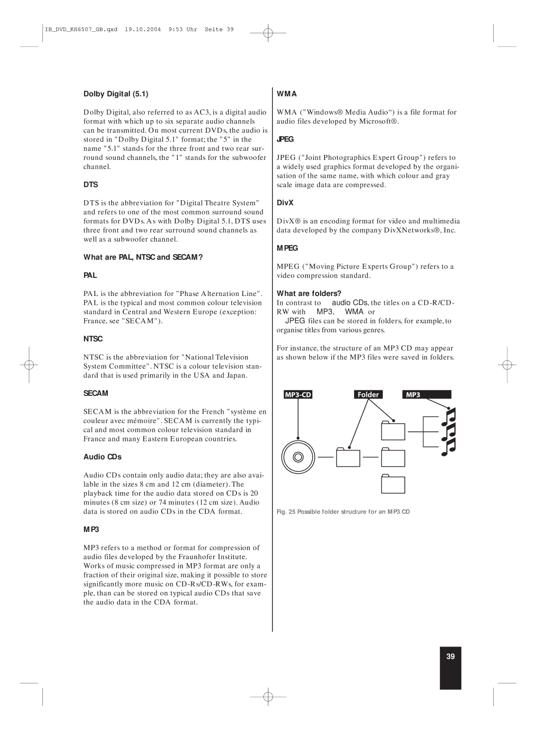 Silvercrest KH 6507 manual Dolby Digital, What are PAL, Ntsc and SECAM?, Audio CDs, DivX, What are folders? 