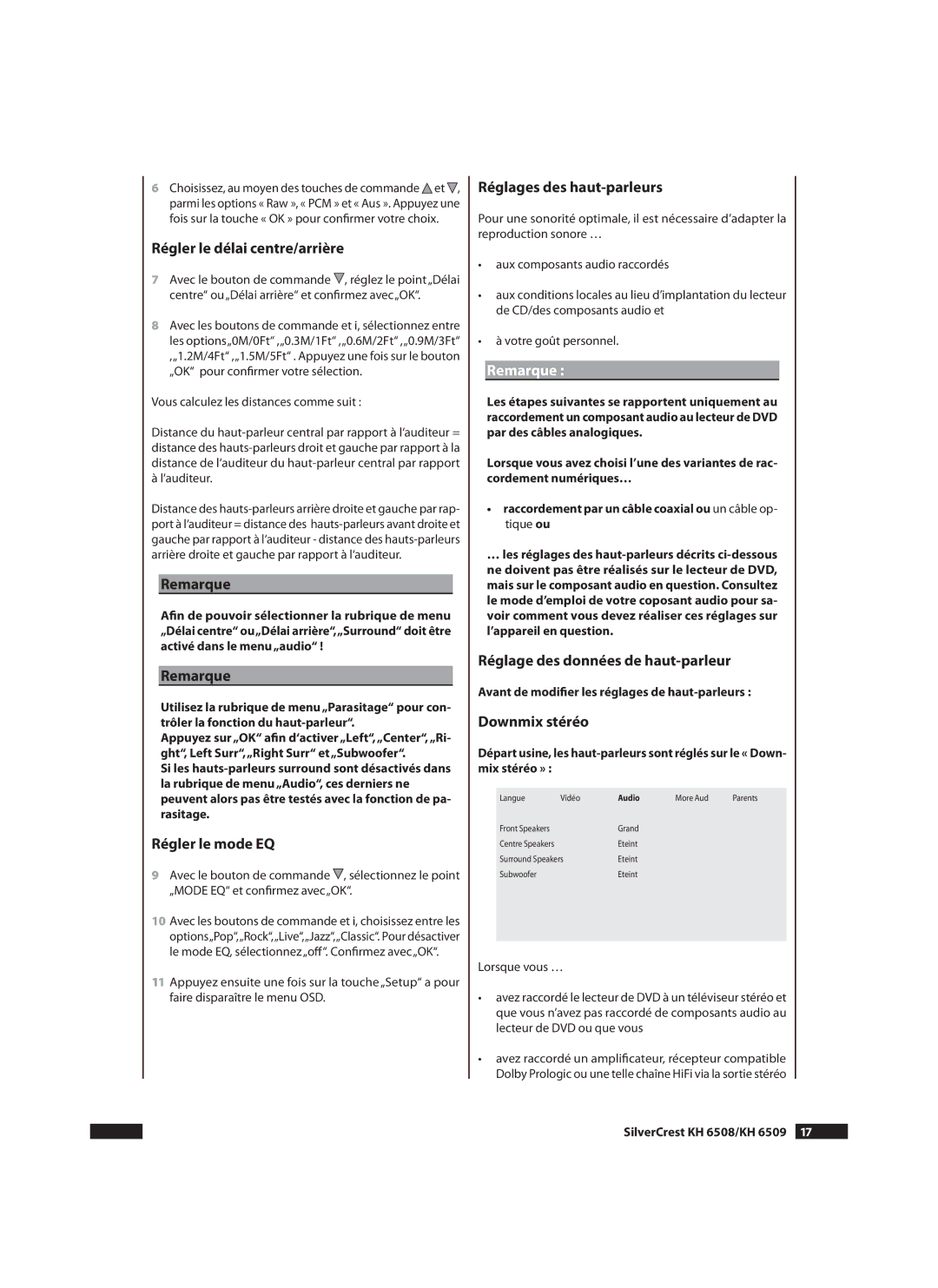 Silvercrest KH6509, KH 6508 Régler le délai centre/arrière, Régler le mode EQ, Réglages des haut-parleurs, Downmix stéréo 