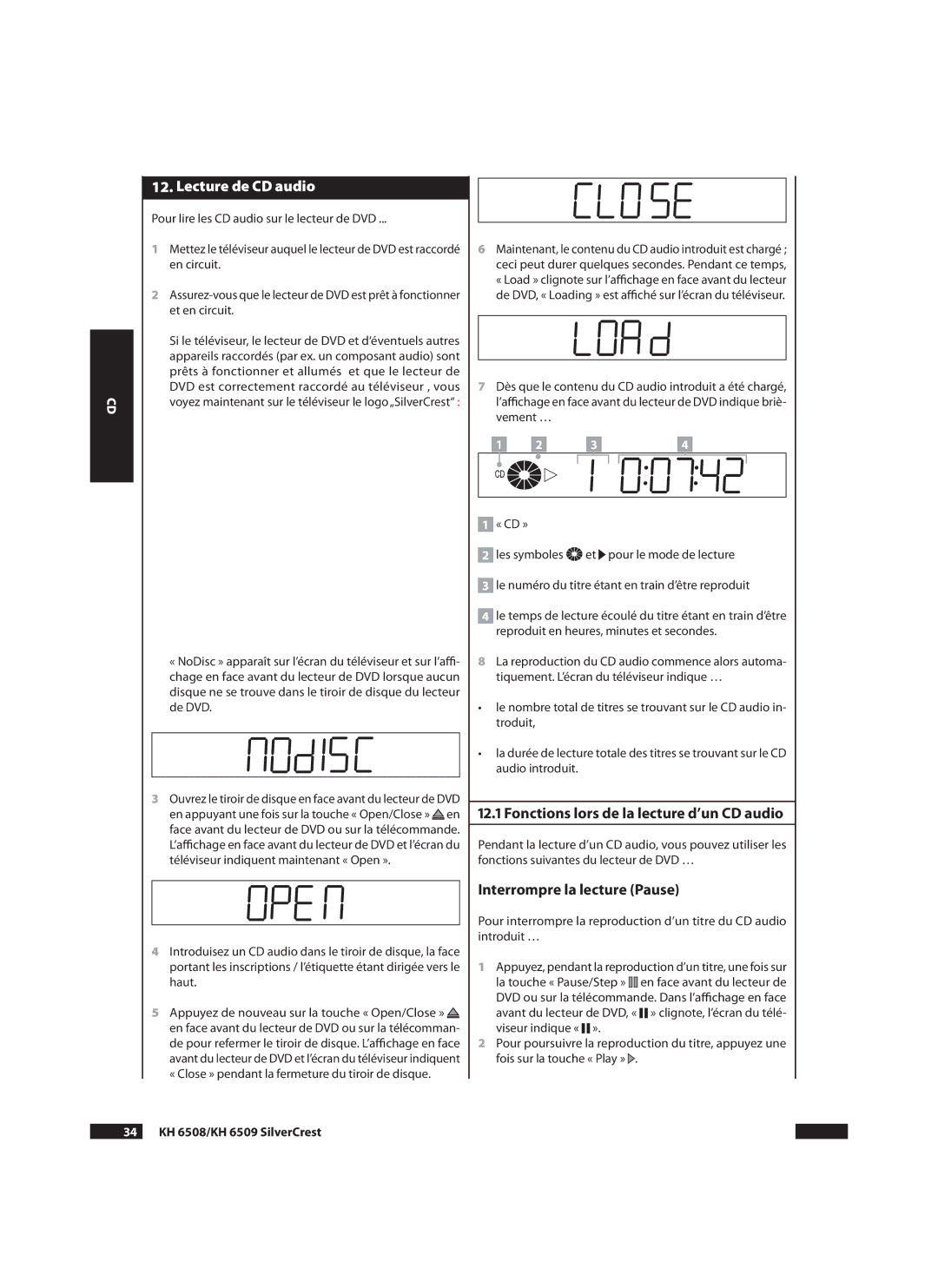 Silvercrest manual Lecture de CD audio, . Fonctions lors de la lecture d’un CD audio,  KH 6508/KH 6509 SilverCrest 