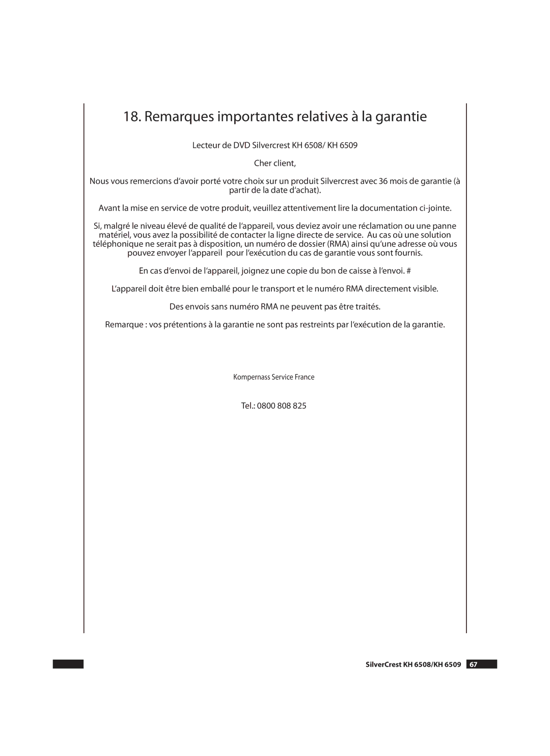 Silvercrest KH6509 manual Remarques importantes relatives à la garantie, SilverCrest KH 6508/KH 6509  