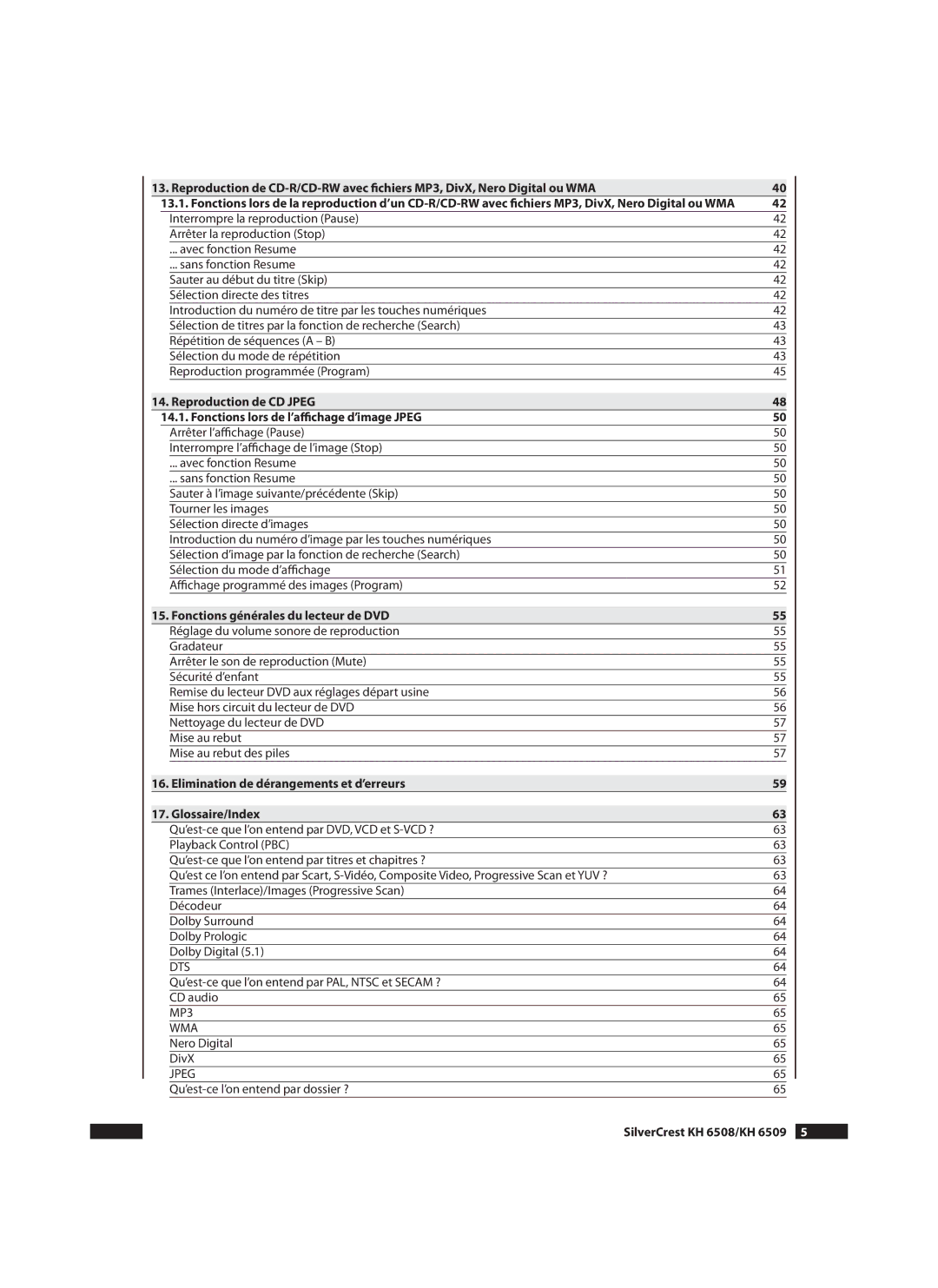 Silvercrest KH6509 manual Fonctions générales du lecteur de DVD, Elimination de dérangements et d’erreurs Glossaire/Index 