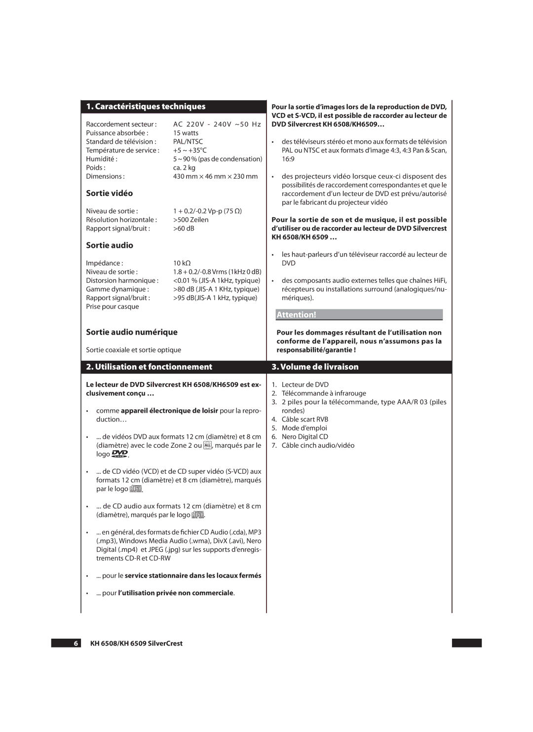 Silvercrest KH 6508, KH6509 manual Caractéristiques techniques, Sortie vidéo, Sortie audio numérique 