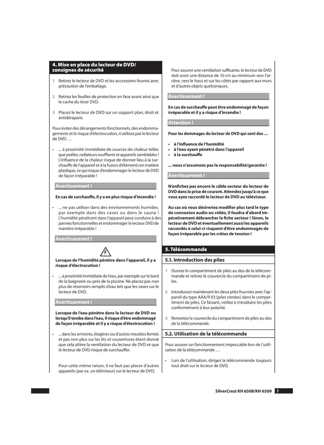 Silvercrest KH6509, KH 6508 manual Mise en place du lecteur de DVD/ consignes de sécurité, Avertissement, Télécommande 