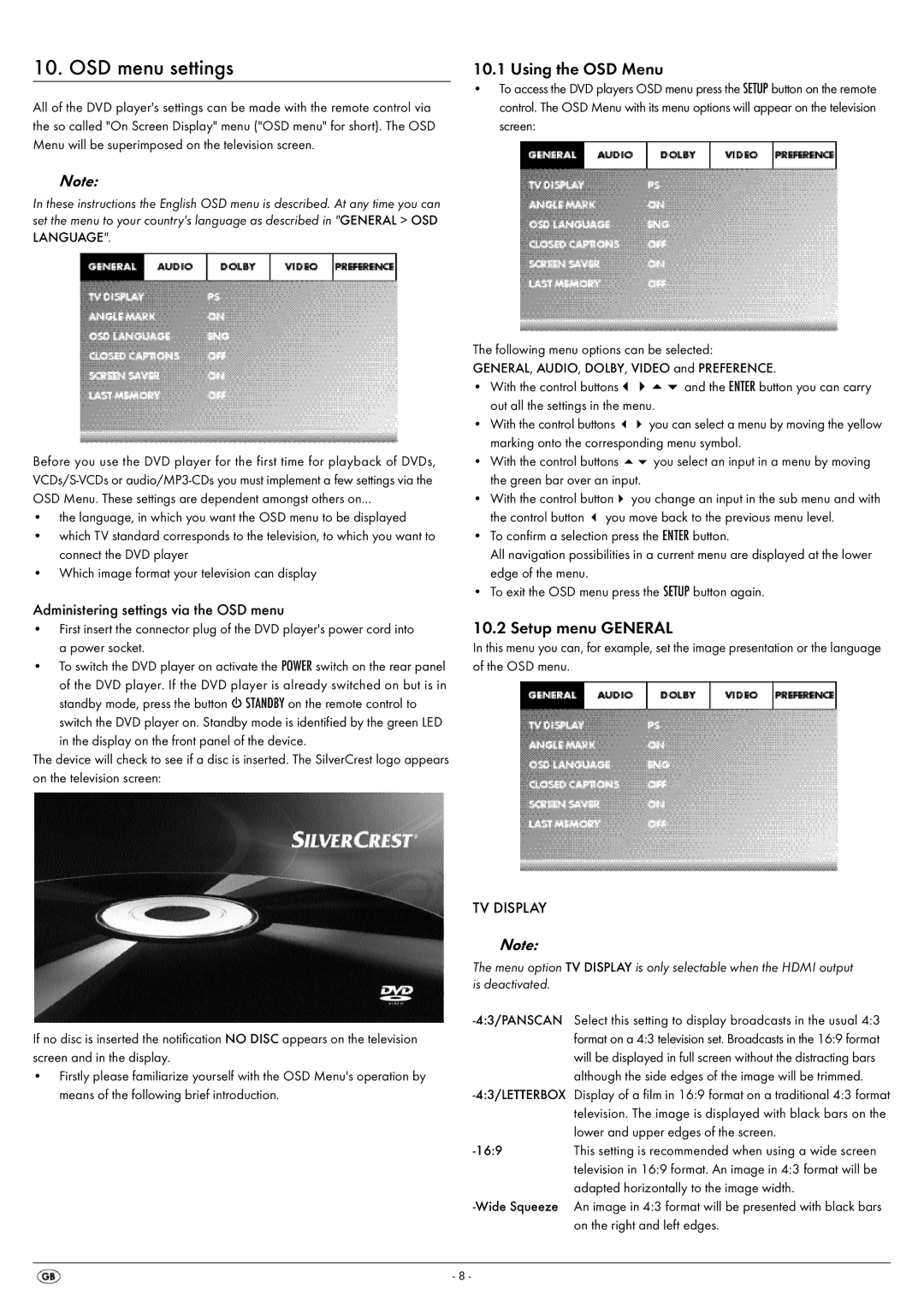 Silvercrest KH 6521 OSD menu settings, Using the OSD Menu, Setup menu General, Administering settings via the OSD menu 