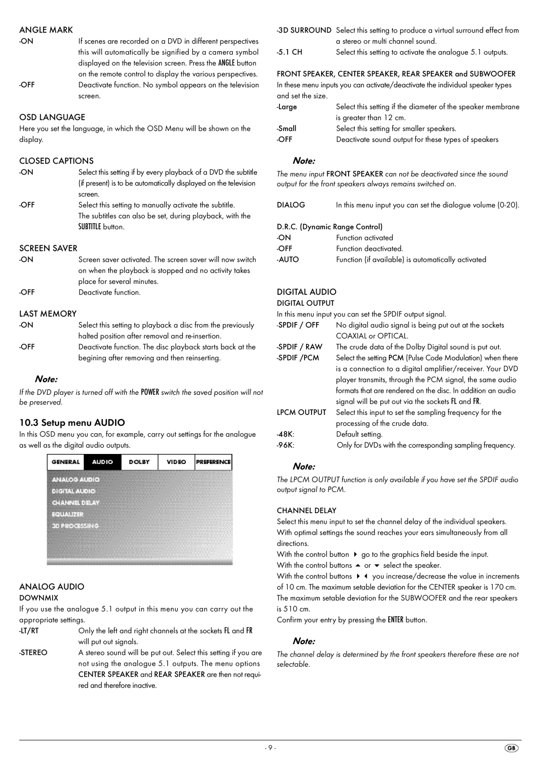 Silvercrest KH 6522, KH 6521 operating instructions Setup menu Audio 