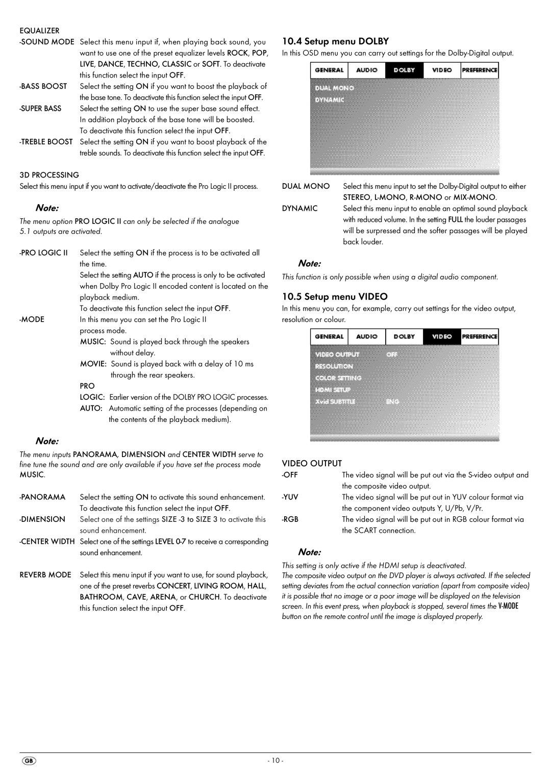 Silvercrest KH 6521, KH 6522 operating instructions Setup menu Dolby, Setup menu Video, Video Output 