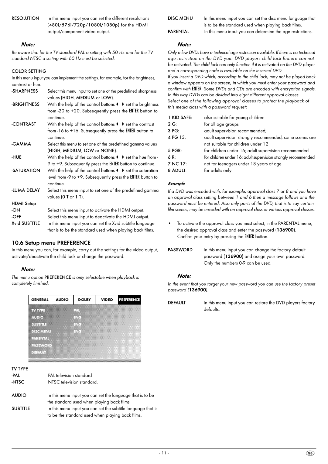 Silvercrest KH 6522, KH 6521 operating instructions Setup menu Preference, Example 