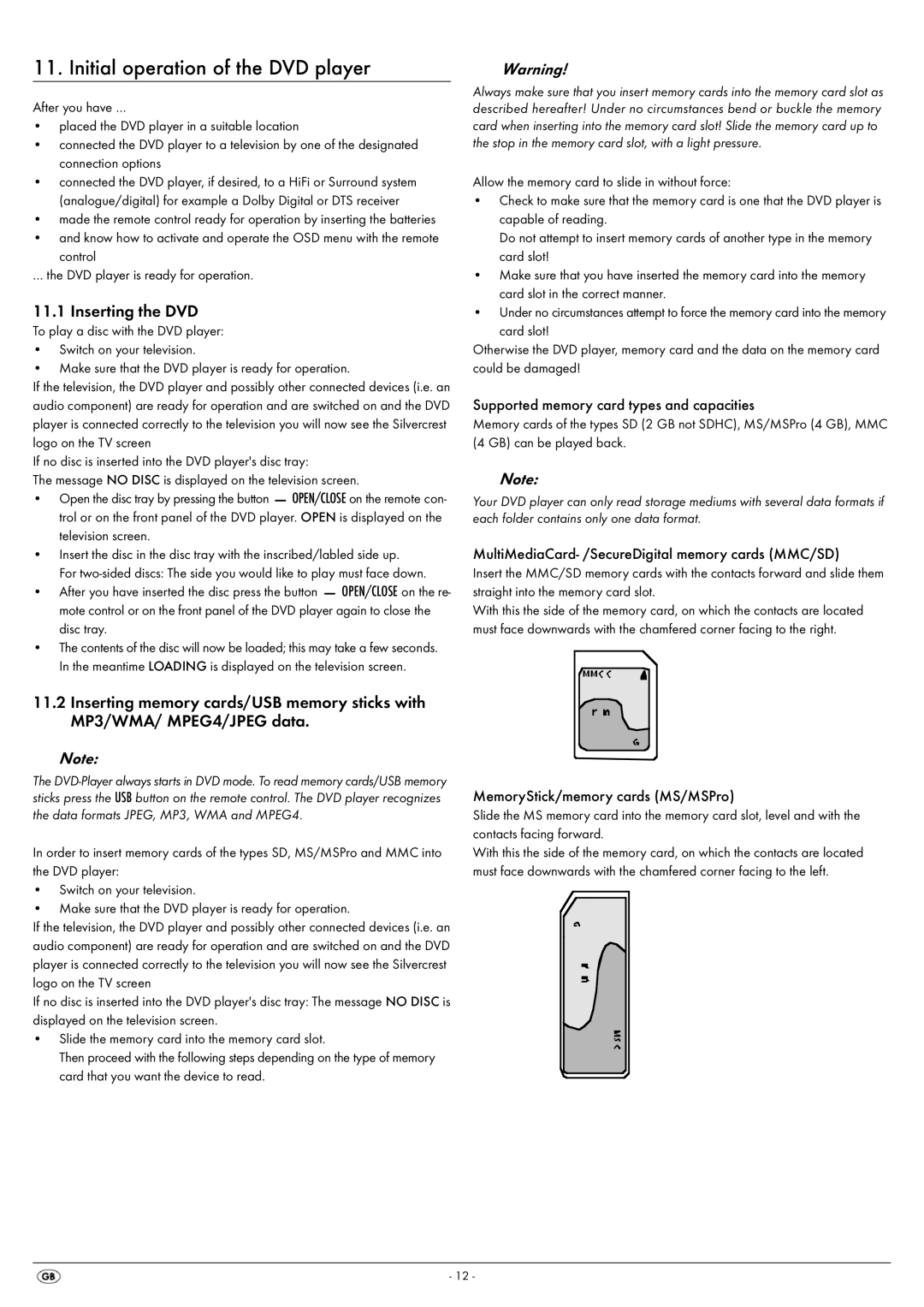 Silvercrest KH 6521 Initial operation of the DVD player, Inserting the DVD, Supported memory card types and capacities 