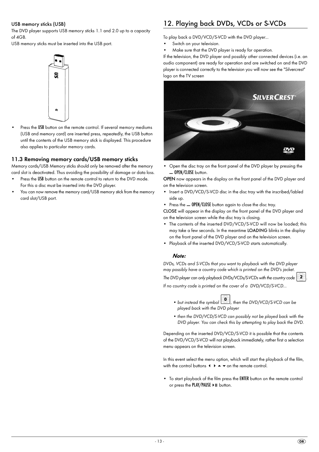 Silvercrest KH 6522 Playing back DVDs, VCDs or S-VCDs, Removing memory cards/USB memory sticks, USB memory sticks USB 