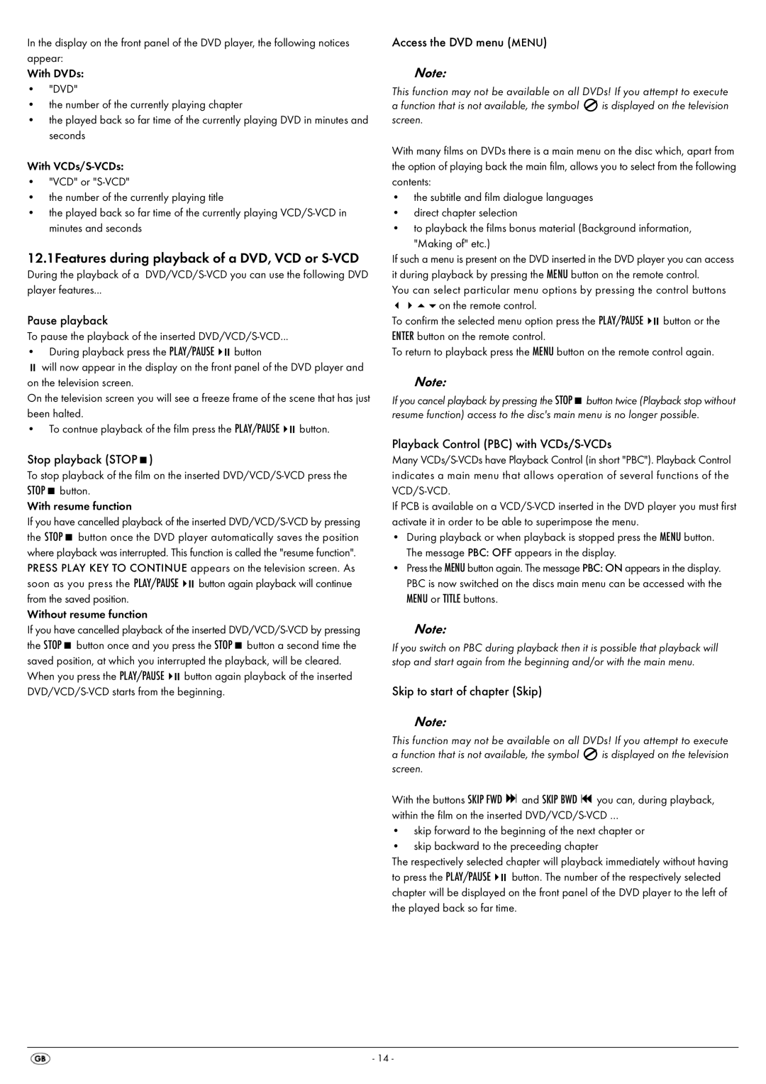 Silvercrest KH 6521, KH 6522 operating instructions 12.1Features during playback of a DVD, VCD or S-VCD 