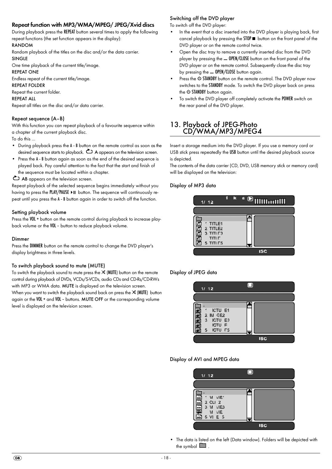 Silvercrest KH 6521, KH 6522 operating instructions Repeat function with MP3/WMA/MPEG/ JPEG/Xvid discs 