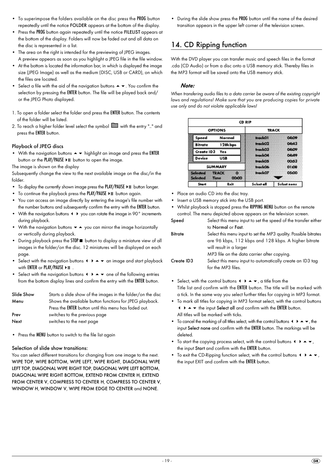 Silvercrest KH 6522, KH 6521 CD Ripping function, Playback of Jpeg discs, Selection of slide show transitions 