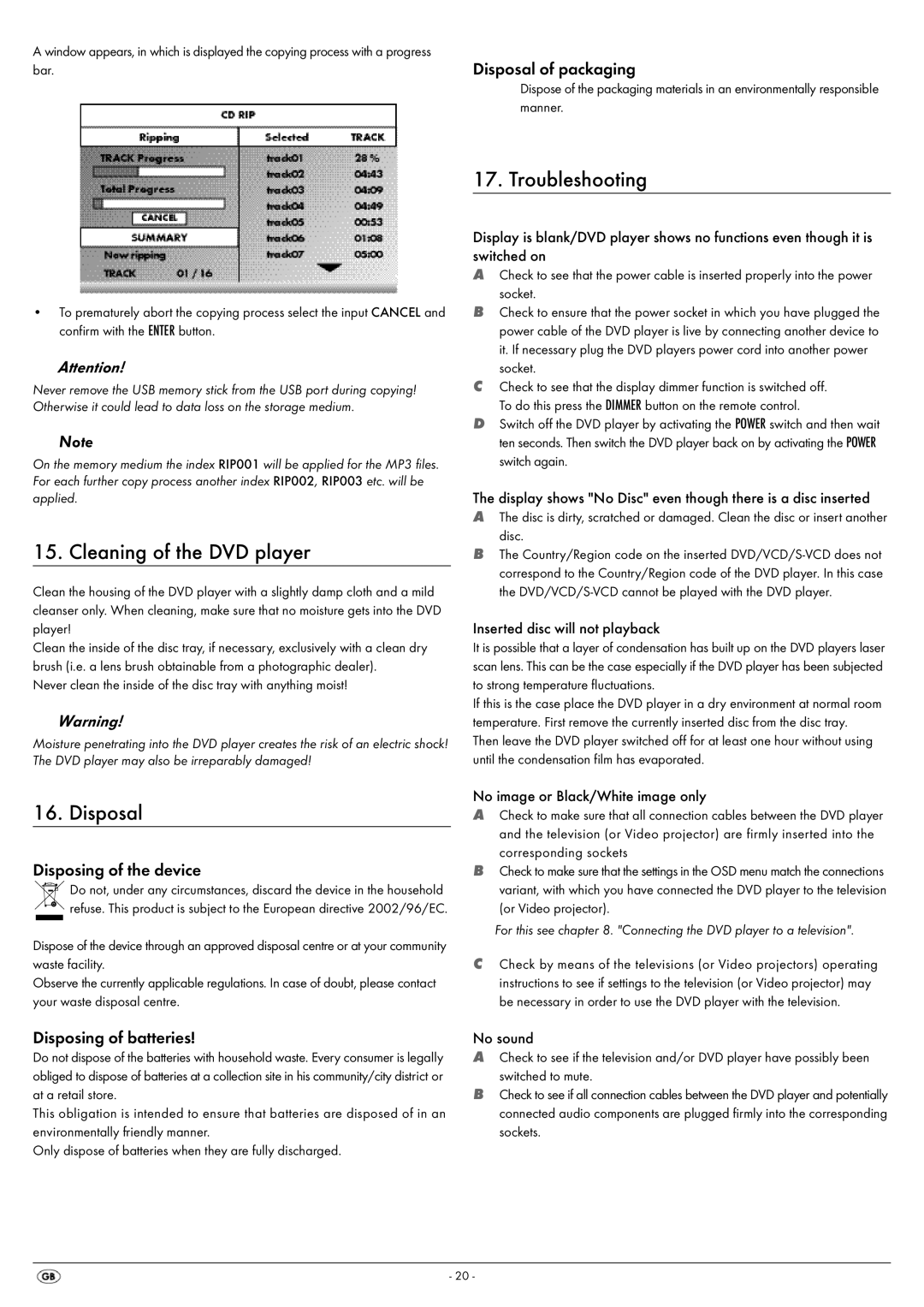 Silvercrest KH 6521, KH 6522 operating instructions Cleaning of the DVD player, Troubleshooting, Disposal 