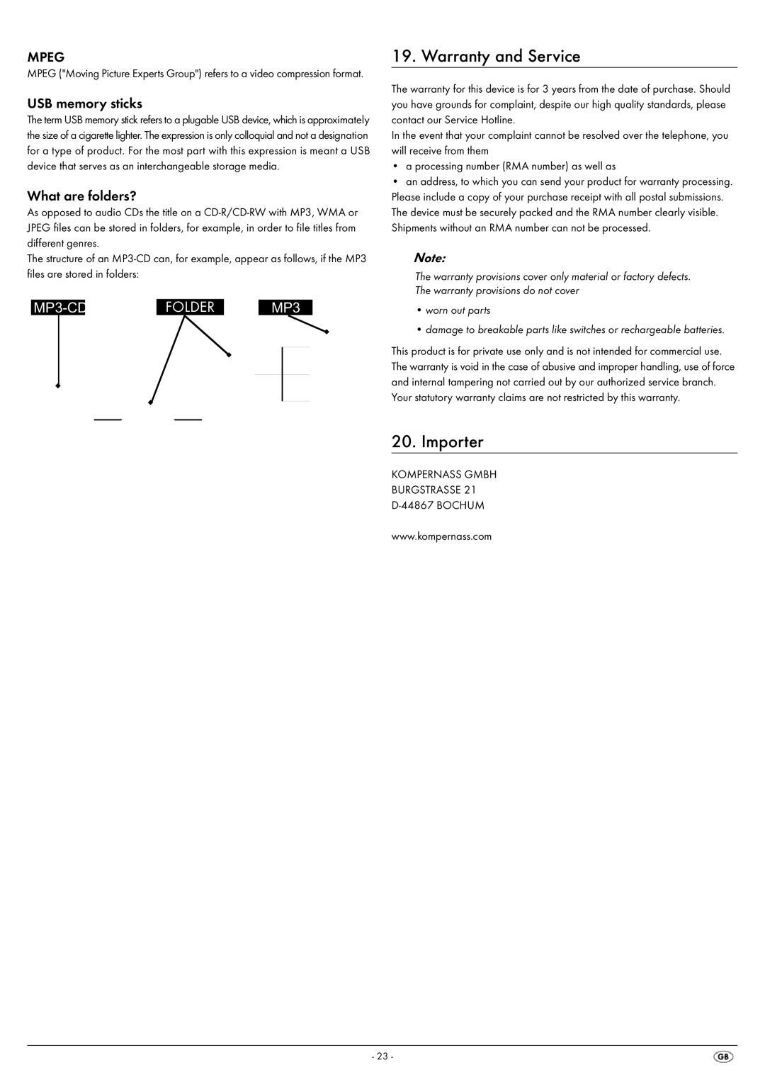 Silvercrest KH 6522 Warranty and Service, Importer, USB memory sticks, What are folders?, Kompernass Gmbh Burgstrasse 