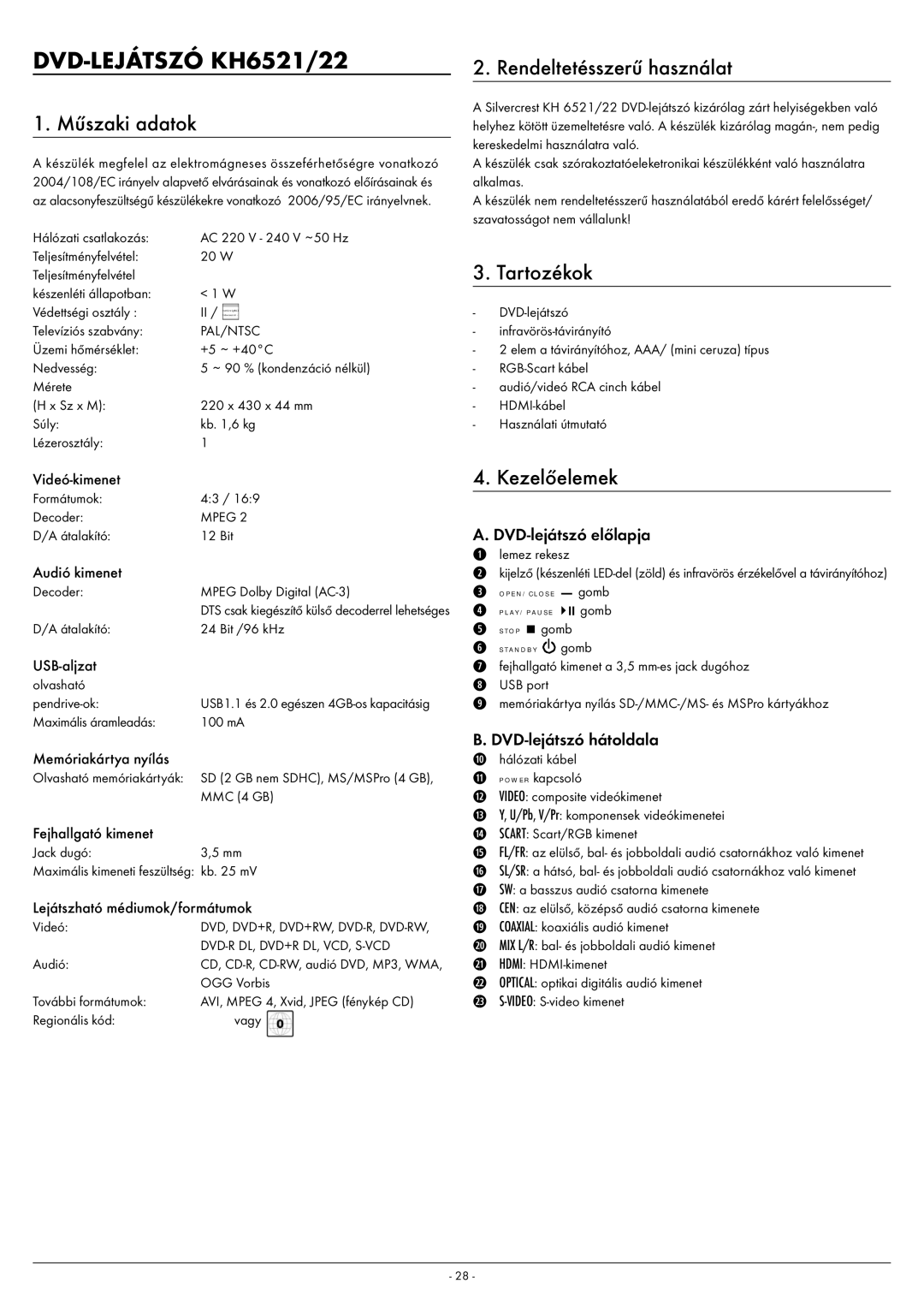 Silvercrest KH 6521, KH 6522 operating instructions Műszaki adatok, Rendeltetésszerű használat, Tartozékok, Kezelőelemek 