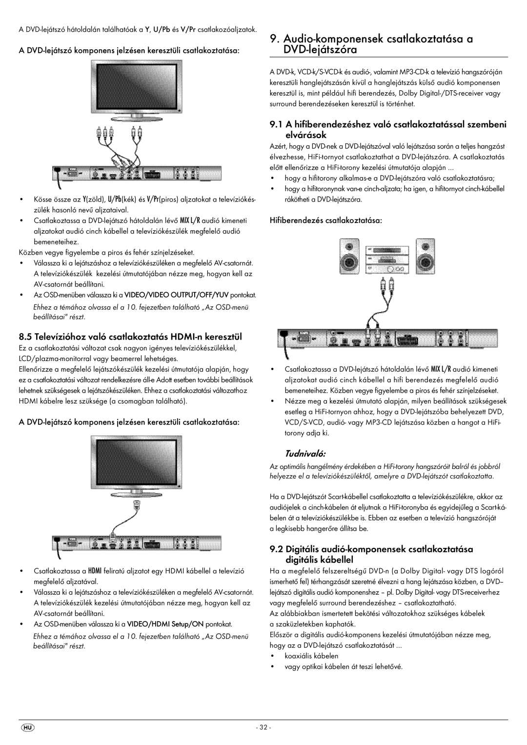 Silvercrest KH 6521 Audio-komponensek csatlakoztatása a DVD-lejátszóra, Televízióhoz való csatlakoztatás HDMI-n keresztül 