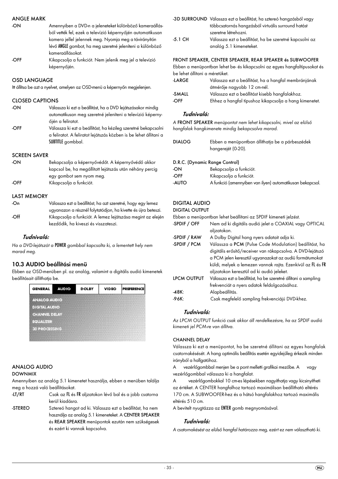 Silvercrest KH 6522, KH 6521 operating instructions Audio beállítási menü, Subtitle gombbal, Last Memory 