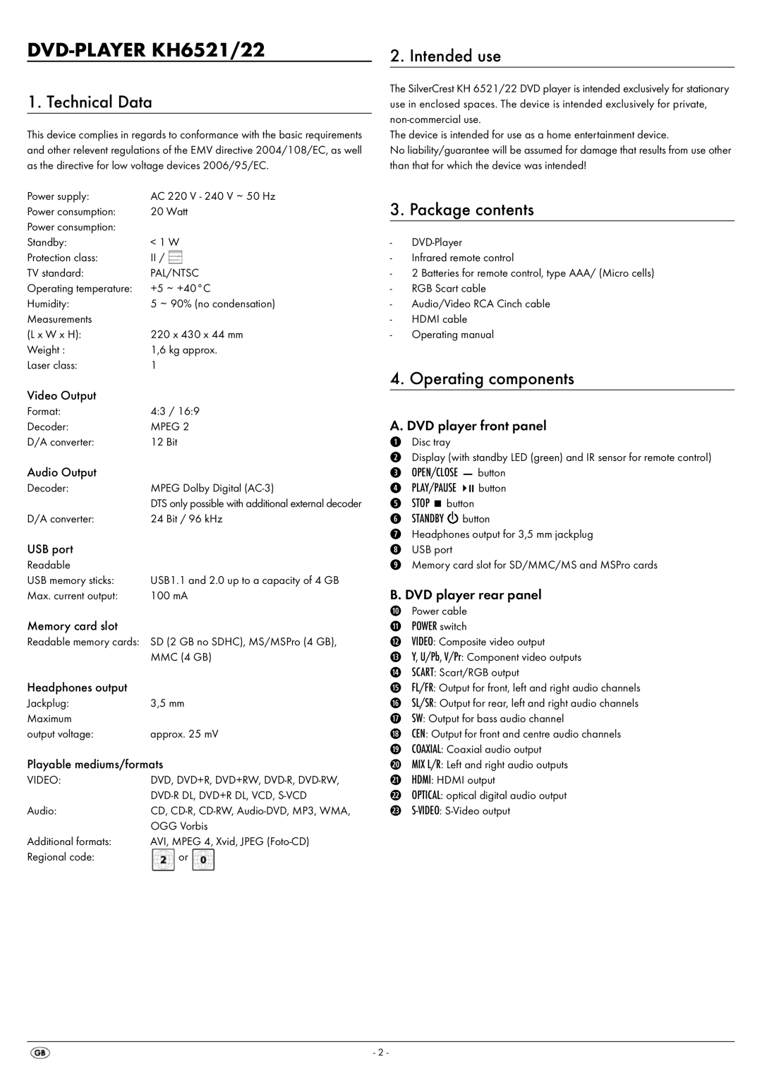 Silvercrest KH 6521, KH 6522 operating instructions Technical Data, Intended use, Package contents, Operating components 