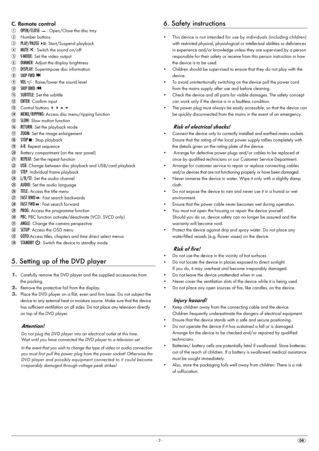 Silvercrest KH 6522, KH 6521 operating instructions Setting up of the DVD player, Safety instructions, Remote control 