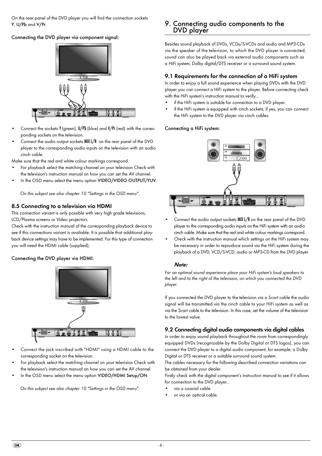 Silvercrest KH 6521 Connecting audio components to the DVD player, Requirements for the connection of a HiFi system 