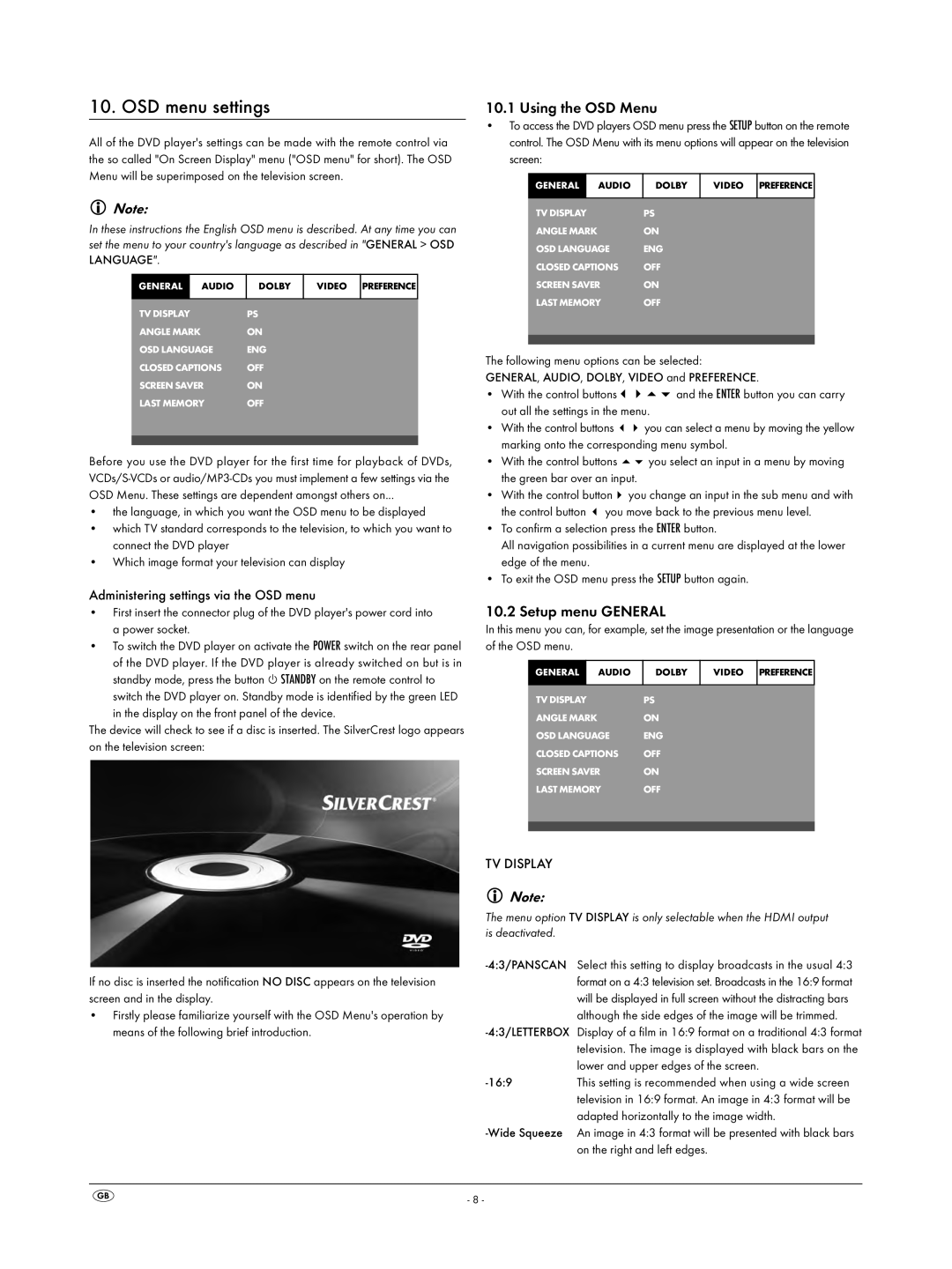 Silvercrest KH 6523 OSD menu settings, Using the OSD Menu, Setup menu General, Administering settings via the OSD menu 