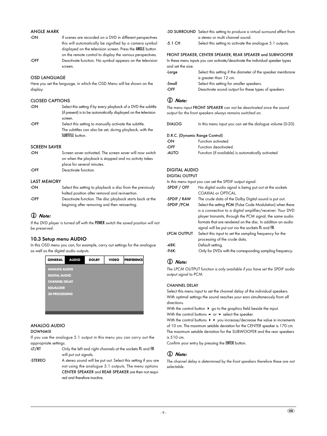 Silvercrest KH 6523 operating instructions Setup menu Audio 