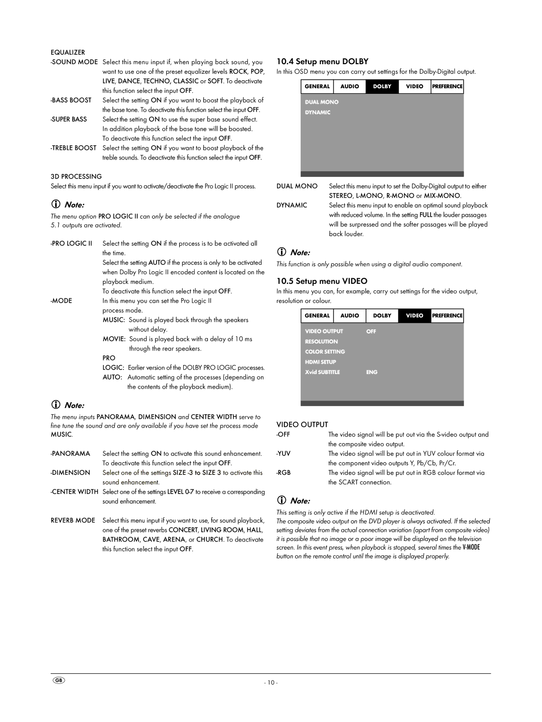 Silvercrest KH 6523 operating instructions Setup menu Dolby, Setup menu Video, Video Output 