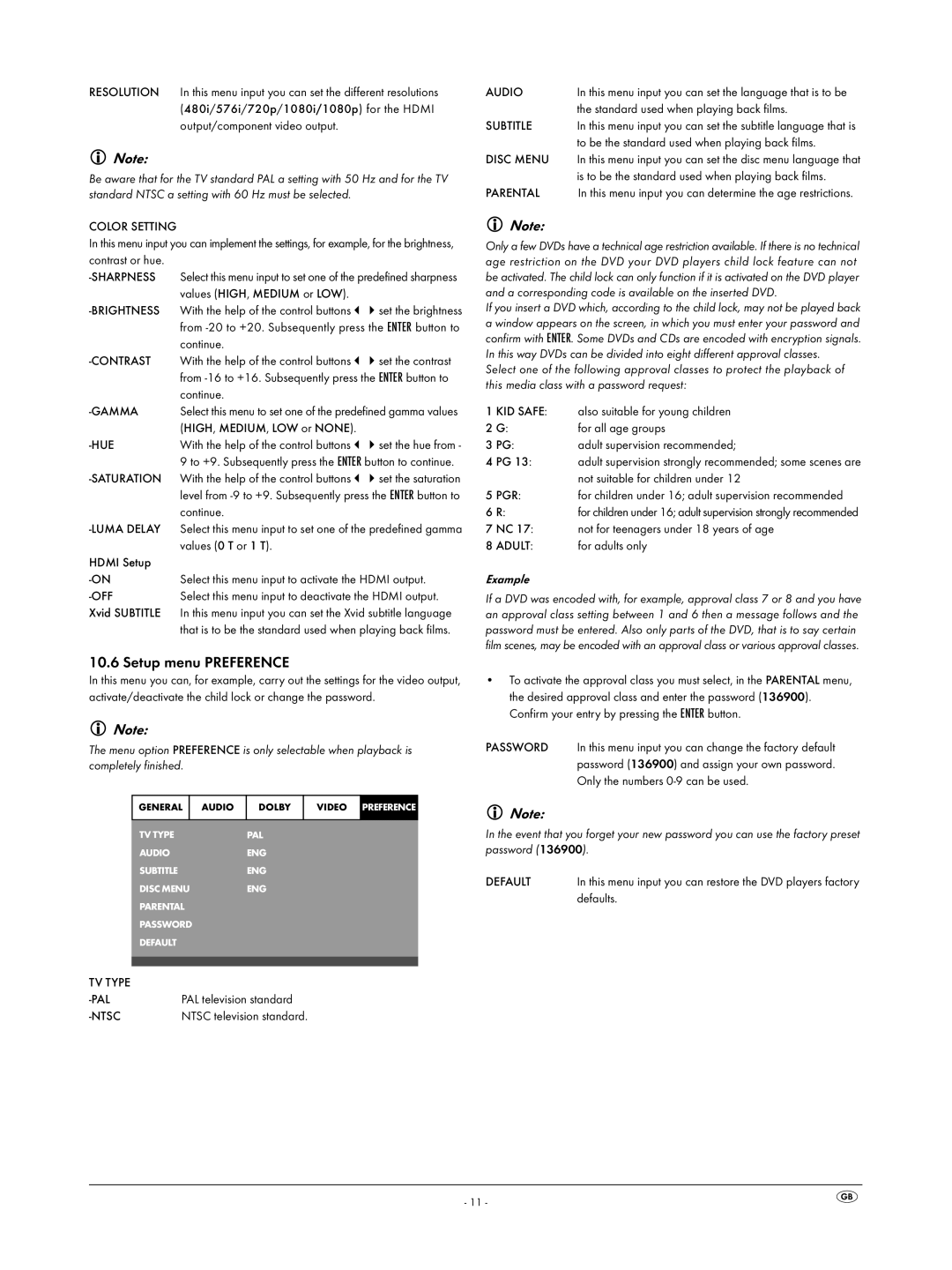 Silvercrest KH 6523 operating instructions Setup menu Preference 