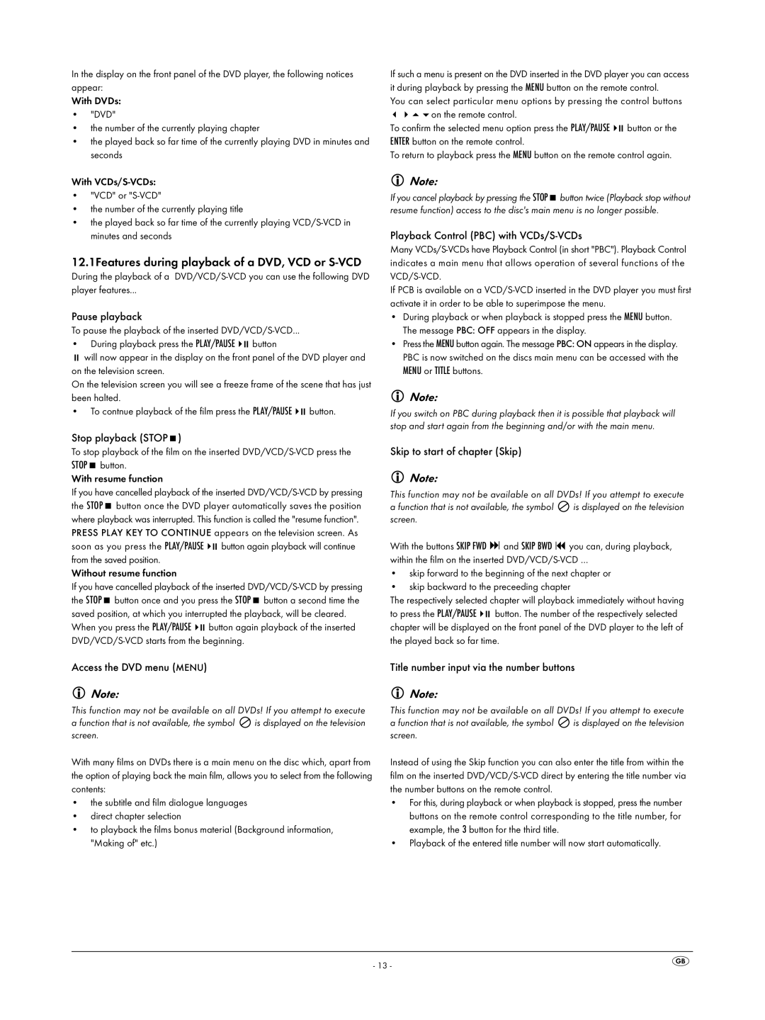 Silvercrest KH 6523 operating instructions 12.1Features during playback of a DVD, VCD or S-VCD 