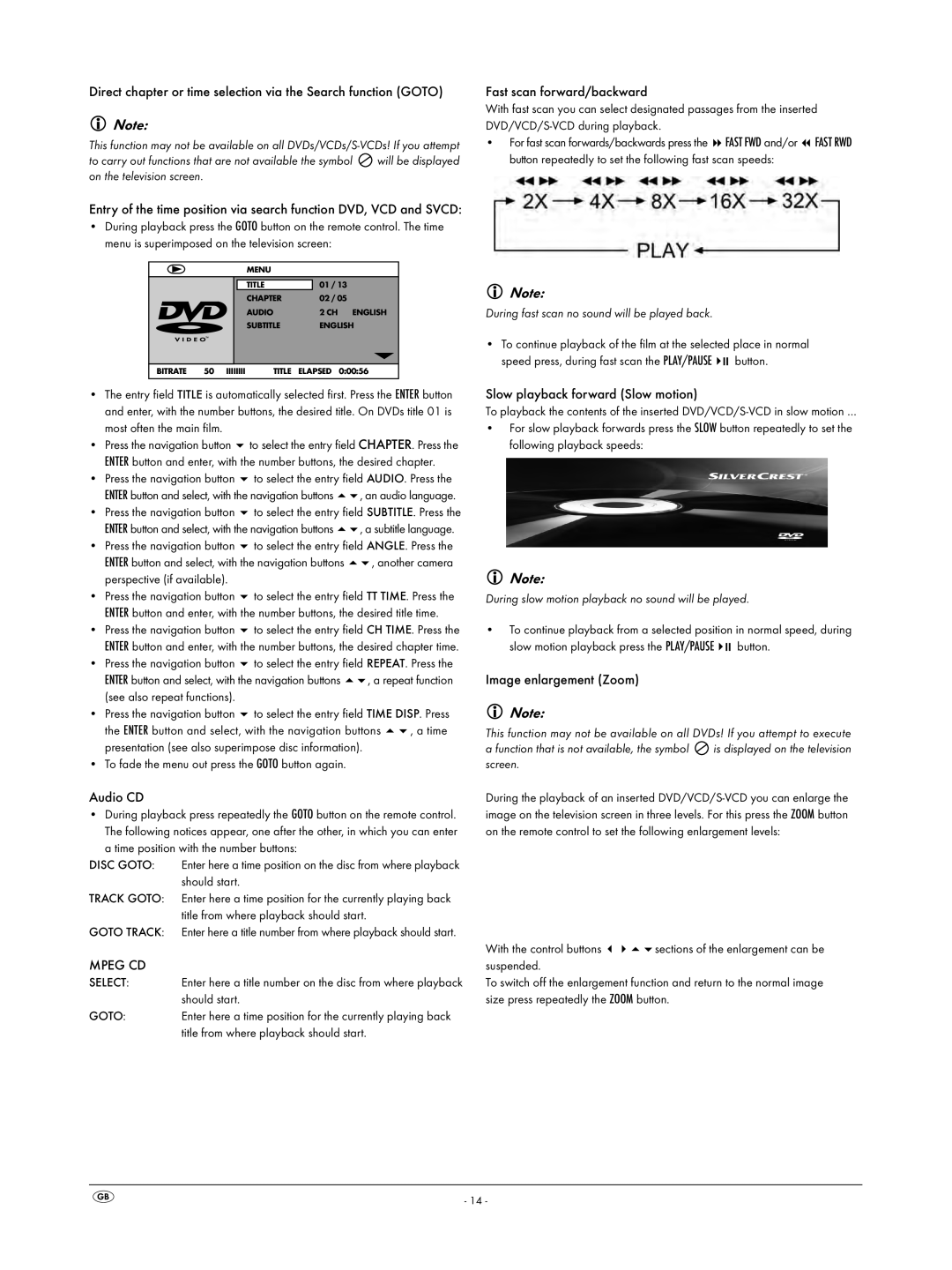 Silvercrest KH 6523 operating instructions Audio CD, Mpeg CD, Fast scan forward/backward, Slow playback forward Slow motion 