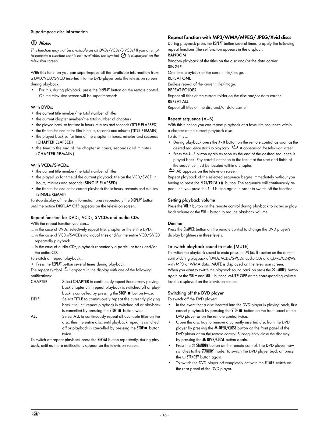 Silvercrest KH 6523 operating instructions Repeat function with MP3/WMA/MPEG/ JPEG/Xvid discs 