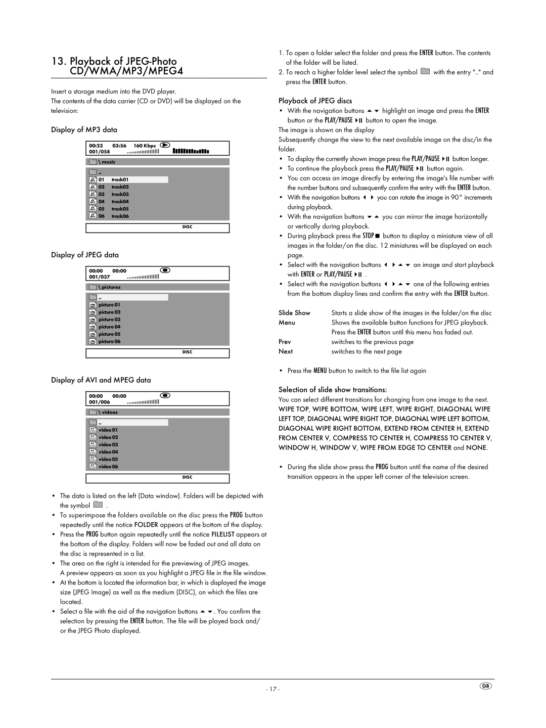 Silvercrest KH 6523 Display of MP3 data, Display of Jpeg data, Display of AVI and Mpeg data, Playback of Jpeg discs 