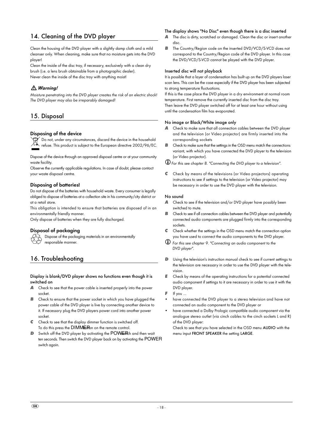 Silvercrest KH 6523 operating instructions Cleaning of the DVD player, Disposal, Troubleshooting 