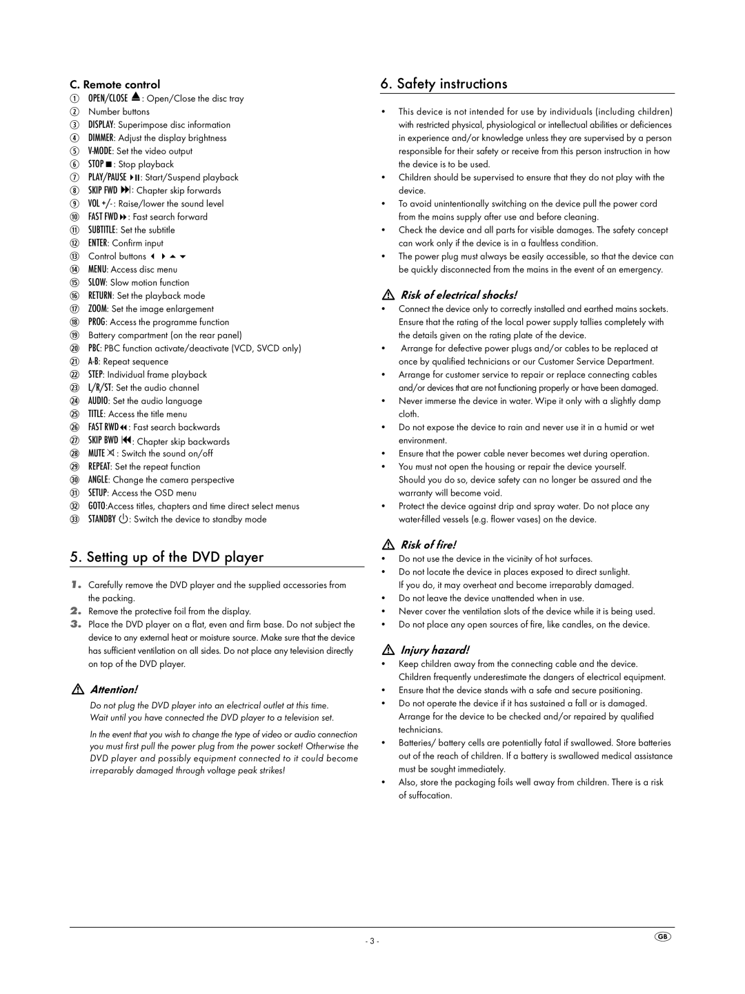 Silvercrest KH 6523 operating instructions Setting up of the DVD player, Remote control, Skip FWD 