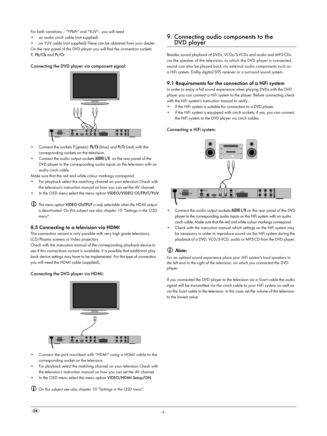 Silvercrest KH 6523 Connecting audio components to the DVD player, Connecting to a television via Hdmi 