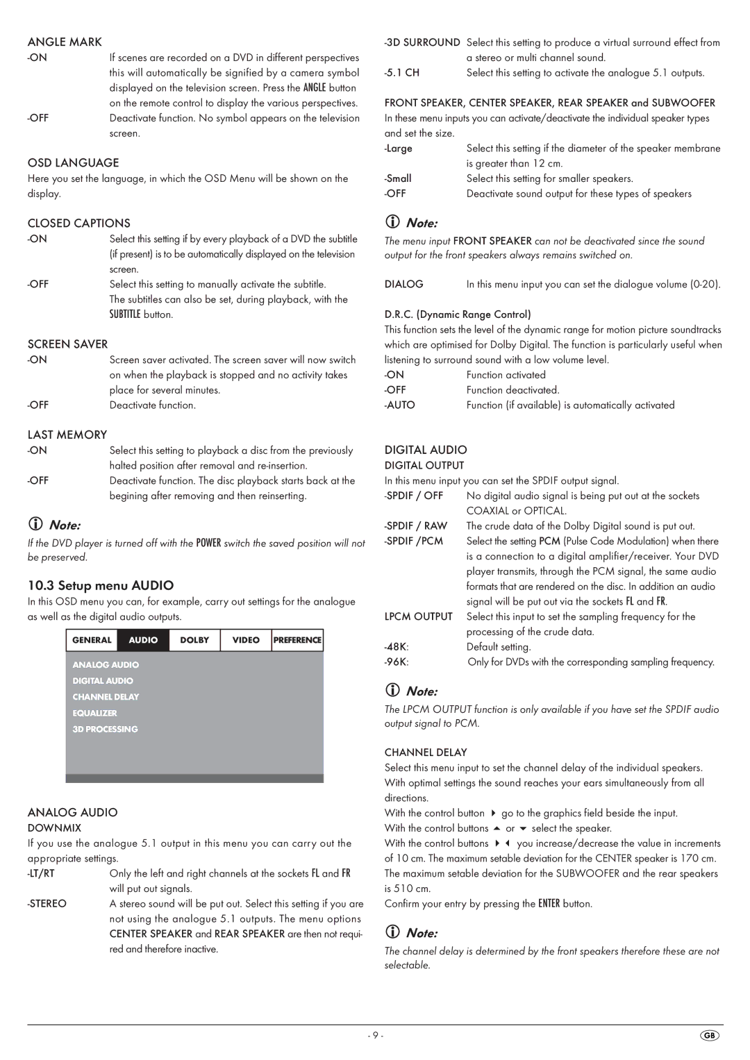 Silvercrest KH 6525, KH 6524 operating instructions Setup menu Audio 