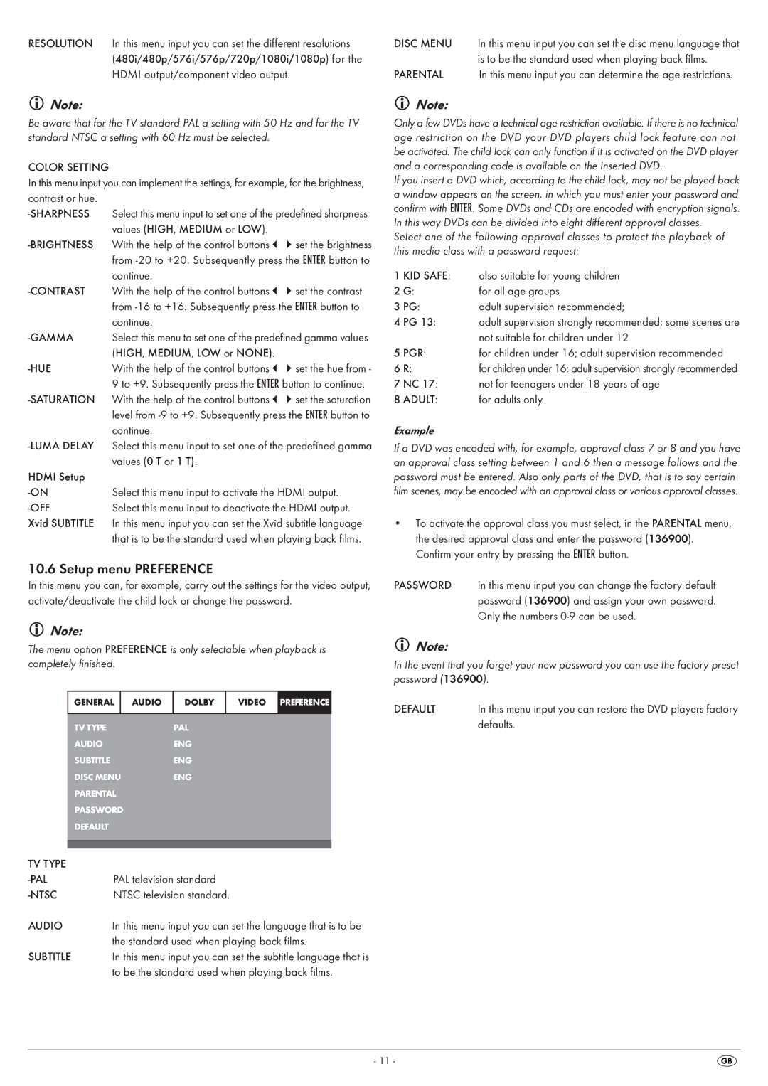 Silvercrest KH 6525, KH 6524 operating instructions Setup menu Preference, Example 