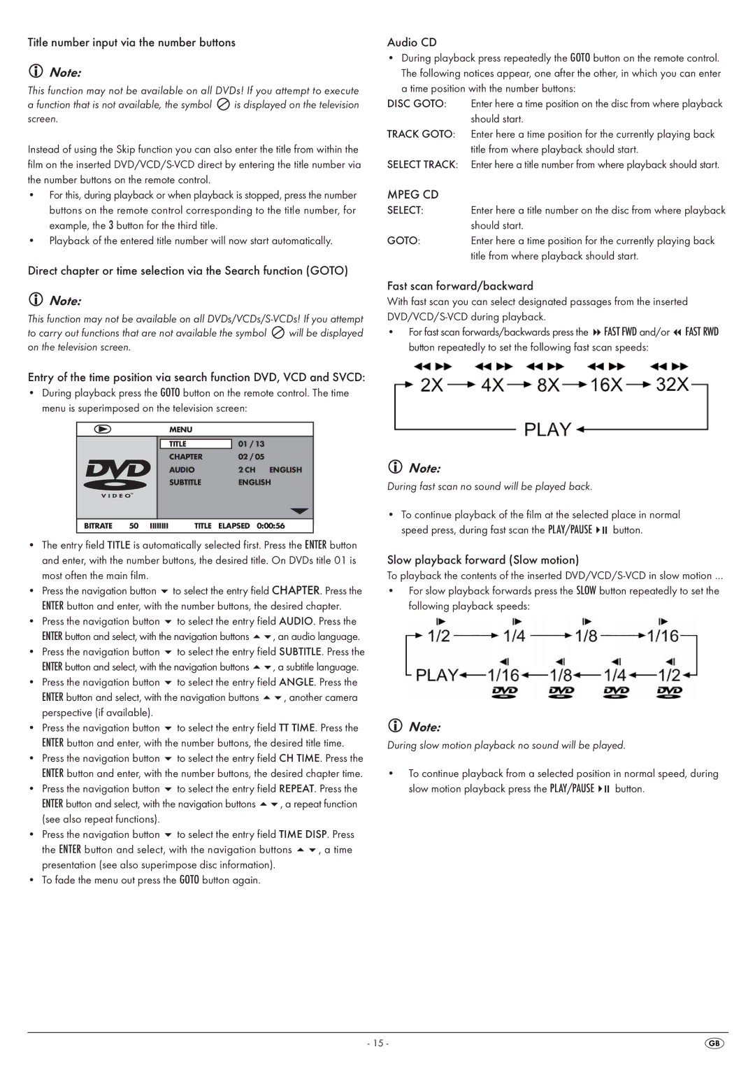 Silvercrest KH 6525, KH 6524 Title number input via the number buttons, Audio CD, Mpeg CD, Fast scan forward/backward 