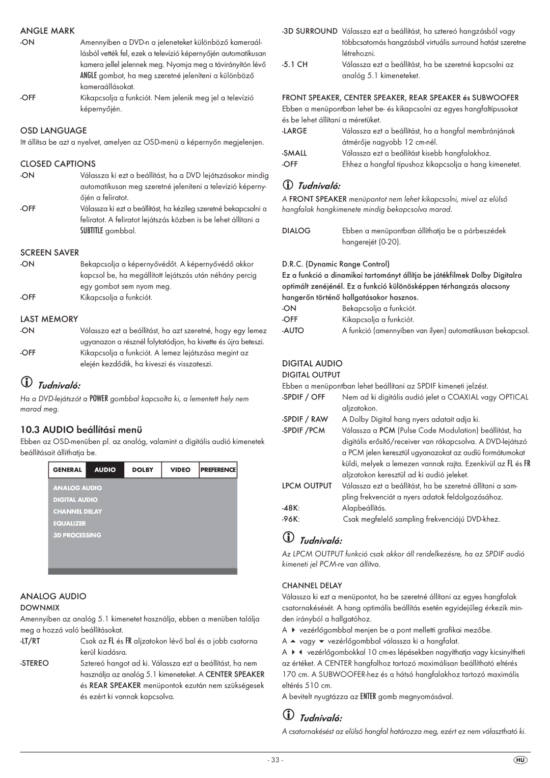 Silvercrest KH 6525, KH 6524 operating instructions Audio beállítási menü, Subtitle gombbal, Last Memory, Large, Small 