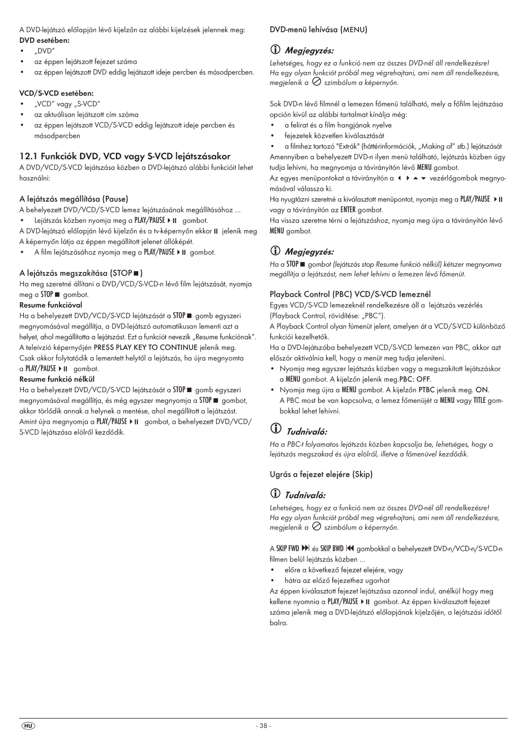 Silvercrest KH 6524, KH 6525 operating instructions Funkciók DVD, VCD vagy S-VCD lejátszásakor 