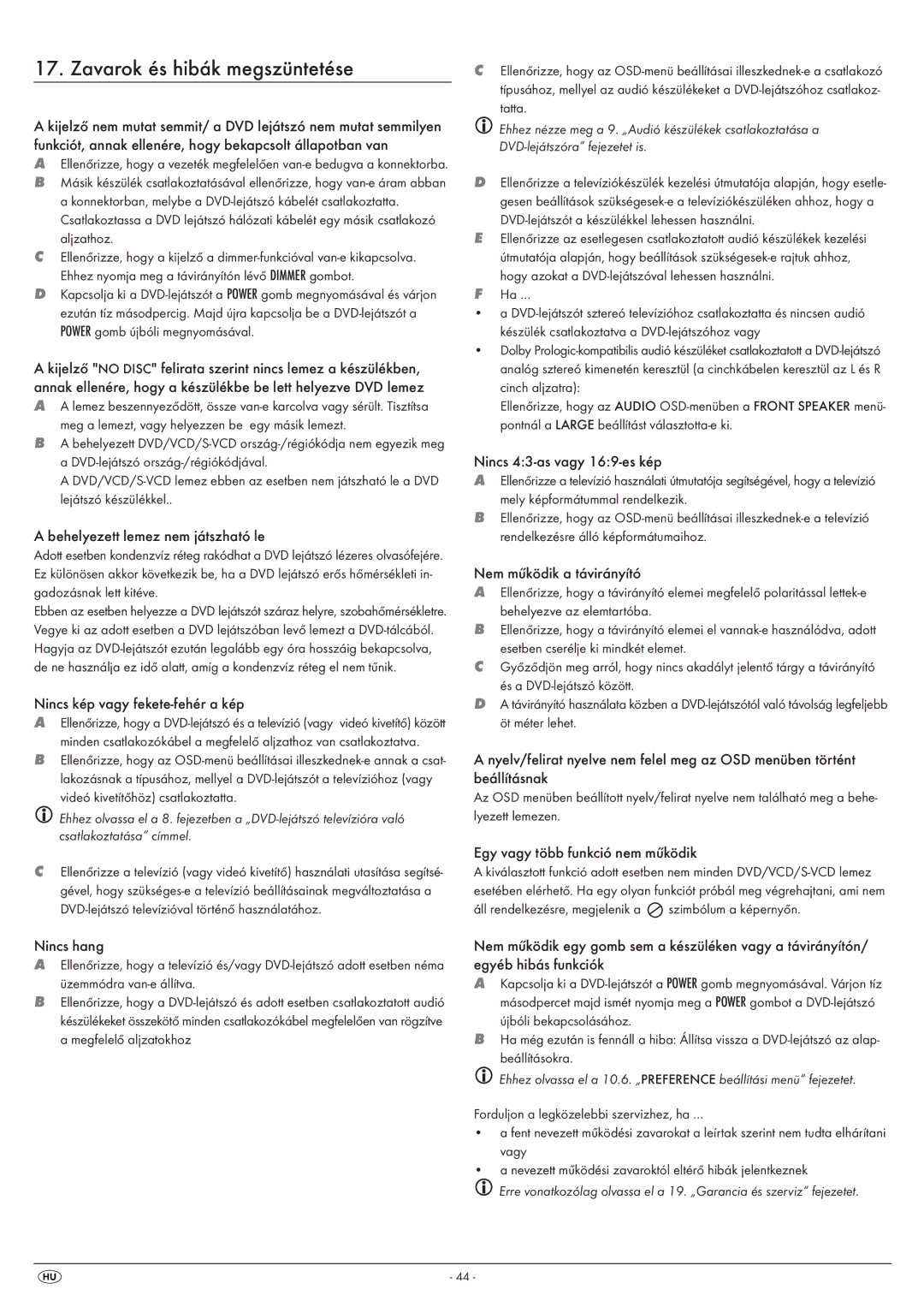 Silvercrest KH 6524, KH 6525 operating instructions Zavarok és hibák megszüntetése 